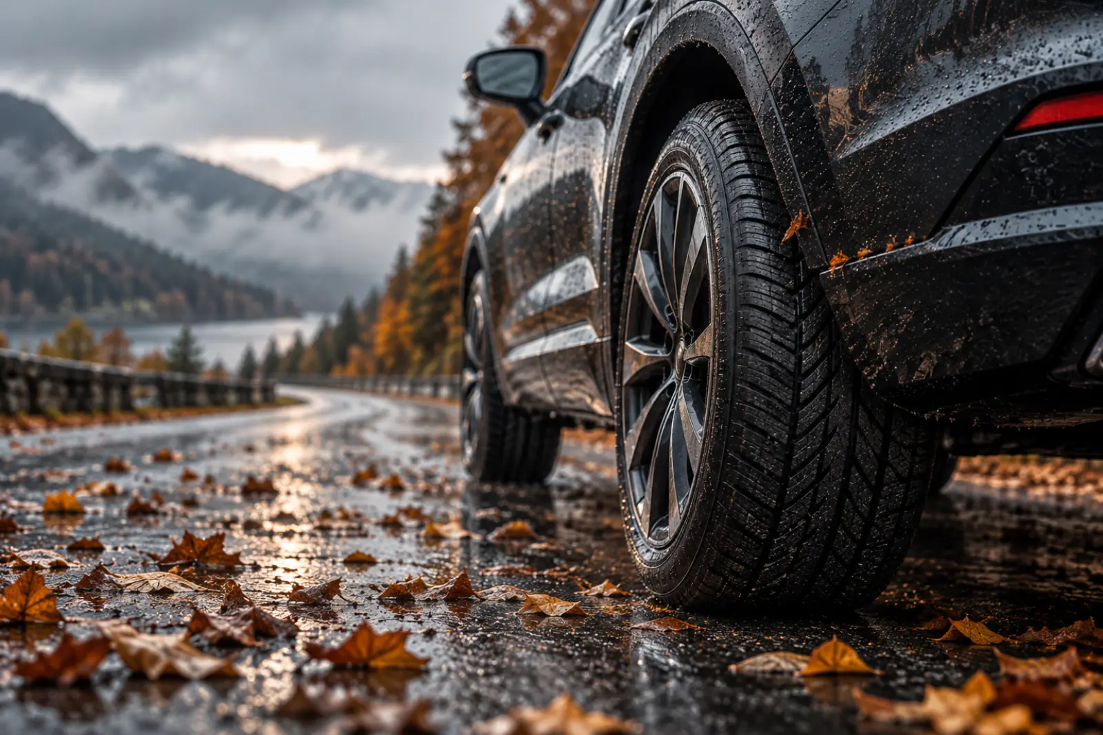 Ganzjahresreifen mit Alpine-Symbol auf der Flanke bei Nieselregen