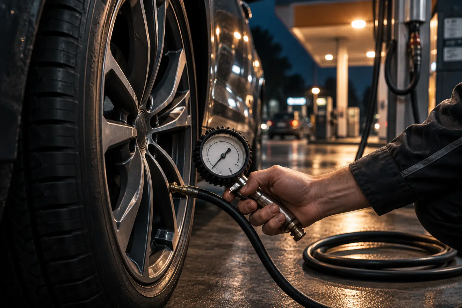 Hand setzt ein Manometer auf das Ventil eines Autorades, im Hintergrund Reifenflanke und Alufelge