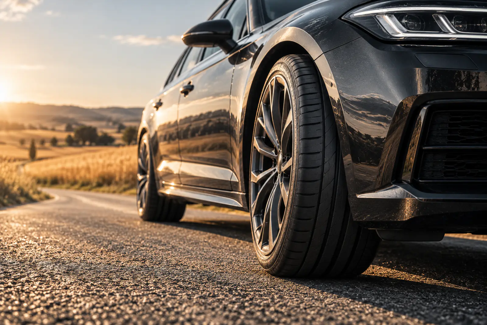 Nahaufnahme eines Sommerreifens mit breiten Längsrillen auf nassem Asphalt