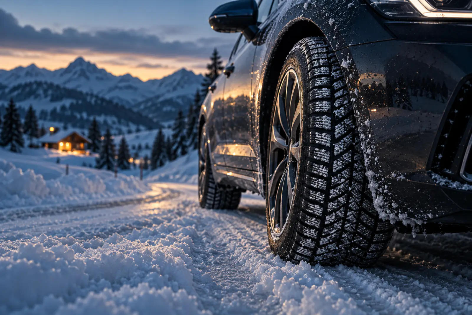 Winterreifen mit Alpine-Symbol auf der Flanke vor einer verschneiten Landstraße